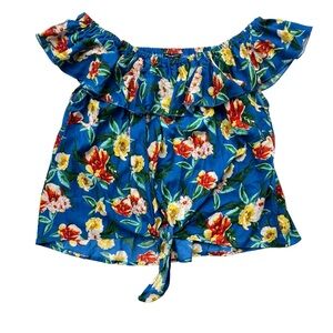 Miss Lili Women 3X Blue Tropical Floral Tie Front Off The Shoulder Ruffle Blouse